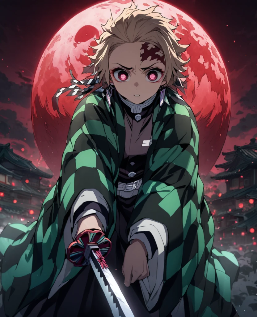 Ultra detailed, highres, absurdres, HDR, master piece,kokushibu, blond hair, 6 eyes, violet haori with patters of black, , Kimetsu No Yaiba, fantasy, half moon flamesfrom sword, man grabbing a sword, solo, magic, shining red fireflies, red moon, best quality, extremely detailed face and eyes, fire, grabbing a sword ((((kokushibu from demon slayer))))