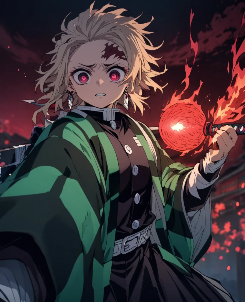 Ultra detailed, highres, absurdres, HDR, master piece,kokushibu, blond hair, 6 eyes, violet haori with patters of black, , Kimetsu No Yaiba, fantasy, half moon flamesfrom sword, man grabbing a sword, solo, magic, shining red fireflies, red moon, best quality, extremely detailed face and eyes, fire, grabbing a sword ((((kokushibu from demon slayer))))