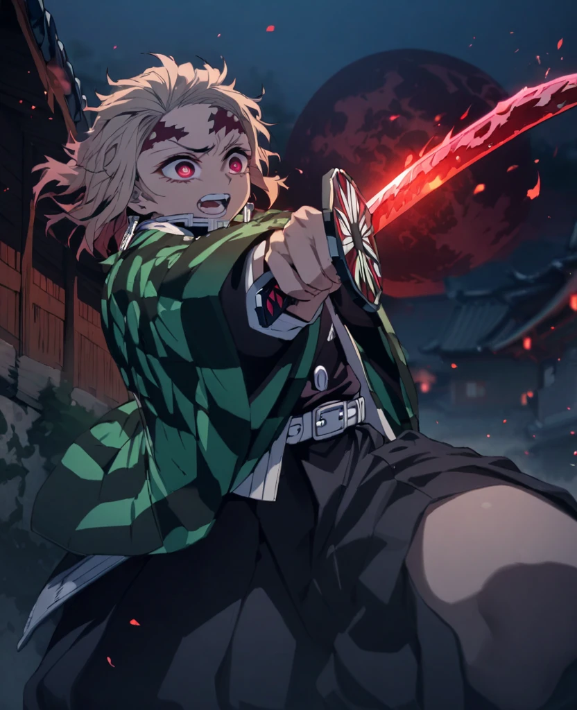 Ultra detailed, highres, absurdres, HDR, master piece,kokushibu, blond hair, 6 eyes, violet haori with patters of black, , Kimetsu No Yaiba, fantasy, half moon flamesfrom sword, man grabbing a sword, solo, magic, shining red fireflies, red moon, best quality, extremely detailed face and eyes, fire, grabbing a sword ((((kokushibu from demon slayer))))