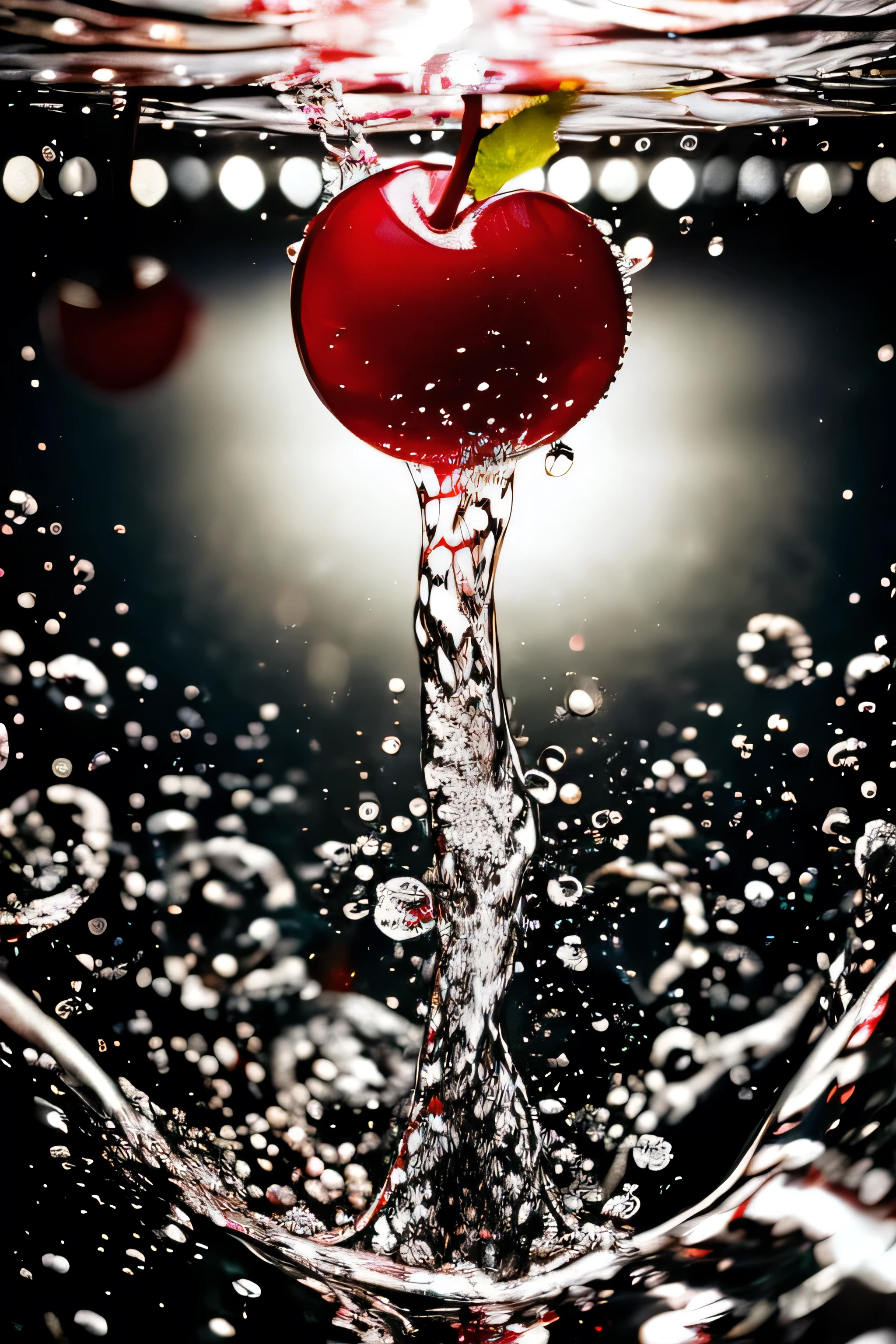 Real photography of 3 cherries falling into water and splashing with water droplets. Commercial advertising style, macro shot, background, warm lighting, cool colors creating splash effect. The cherry is dotted with white light spots, and the cherry falls from above, forming a splashing liquid water ball. HD photography quality.