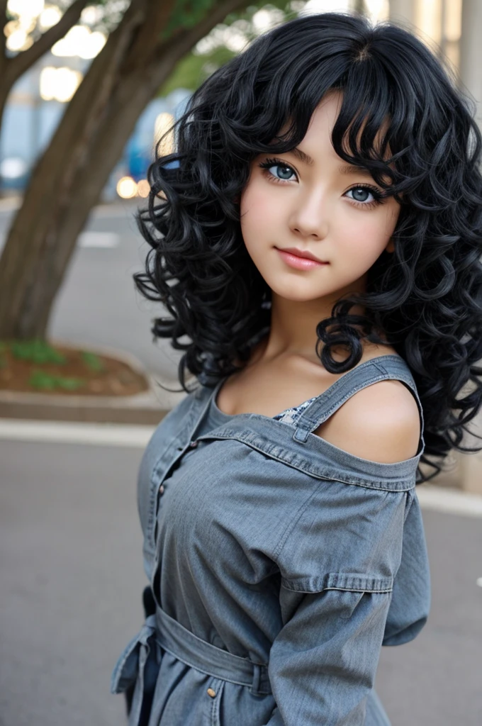 Anime girl curly black hair blue gray eyes 