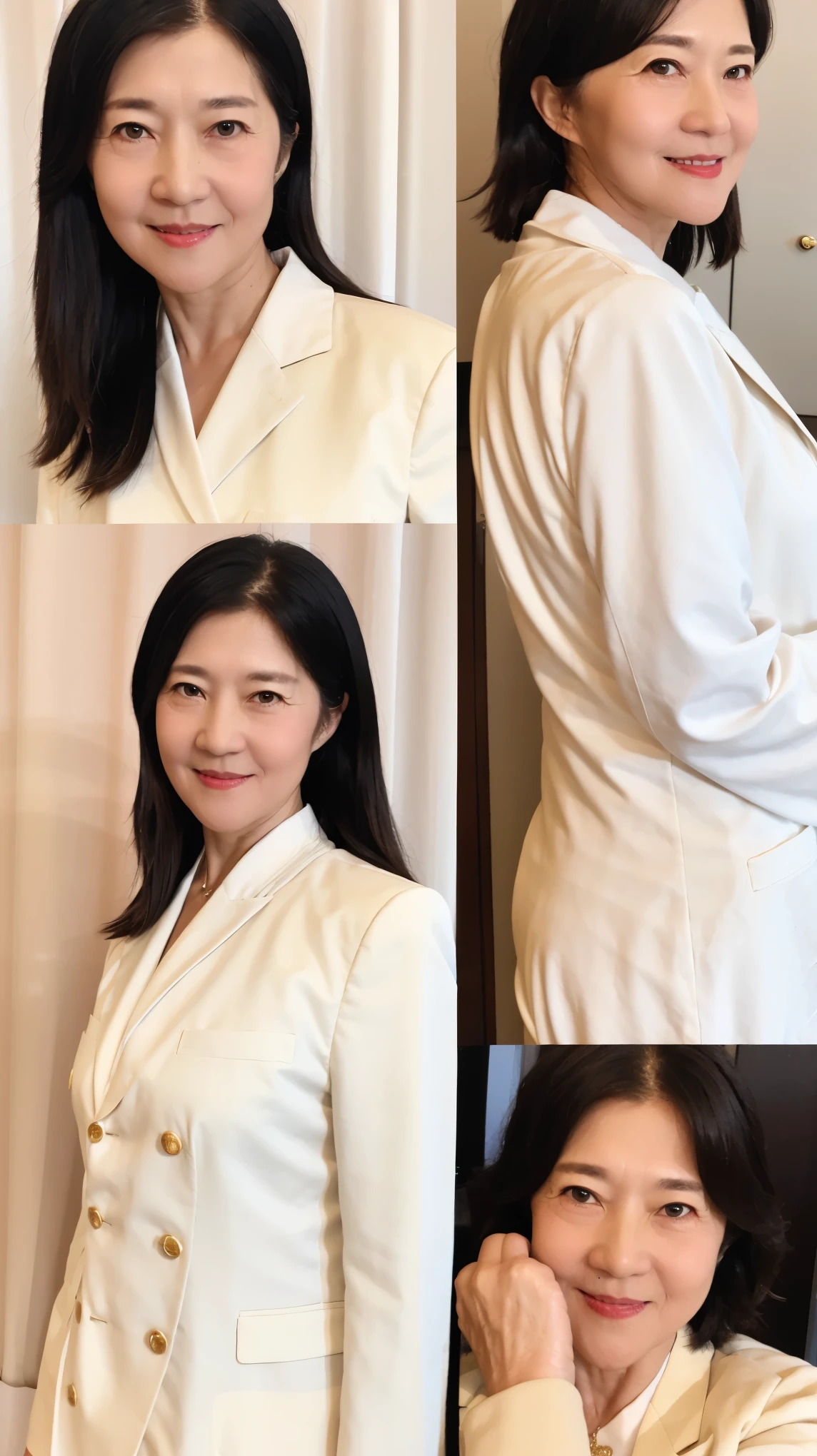 60-year-old female， Soft headlight，High-density imaging，（Clean and delicate face），((Looking to the side))，((White suit))，((Various dynamic poses))，((((Half-length photo))))，((White curtains in the background))，best quality，masterpiece，（Soft colors：1.2）