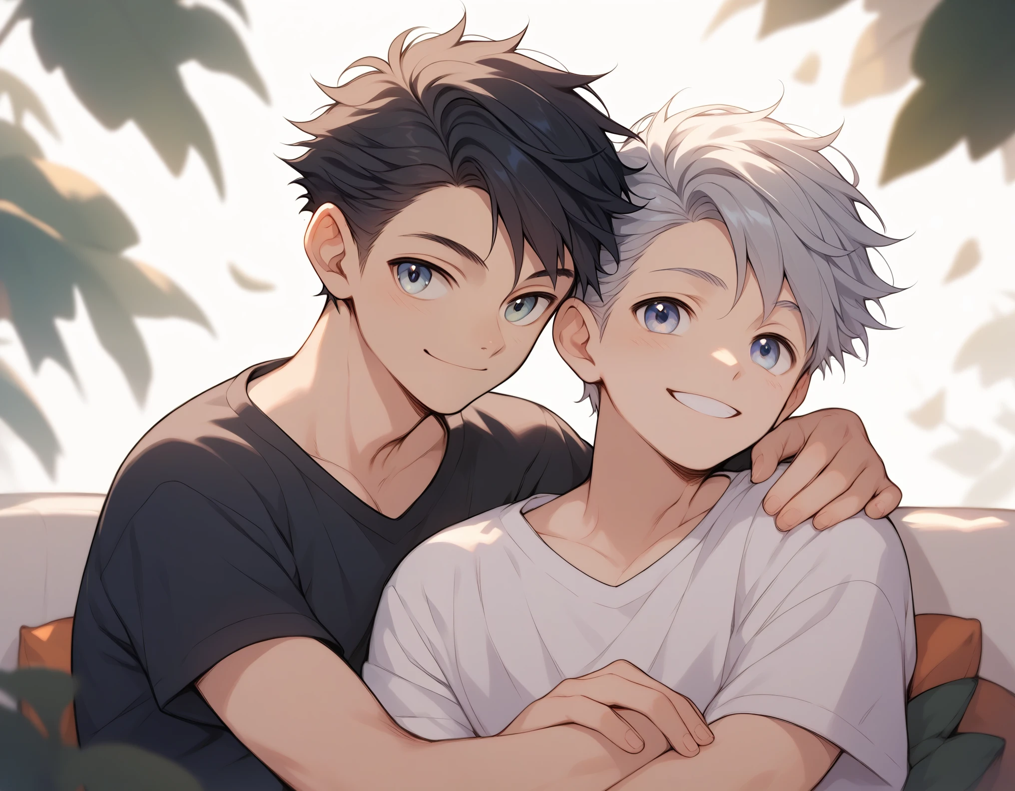 score_9, score_8_up, score_7_up, score_6_up, score_5_up, score_4_up,2boy,male only,(cute:0.6),eye contact,A gentle gaze,Silver Hair and Black Hair,t-shirt,hug,happy smile