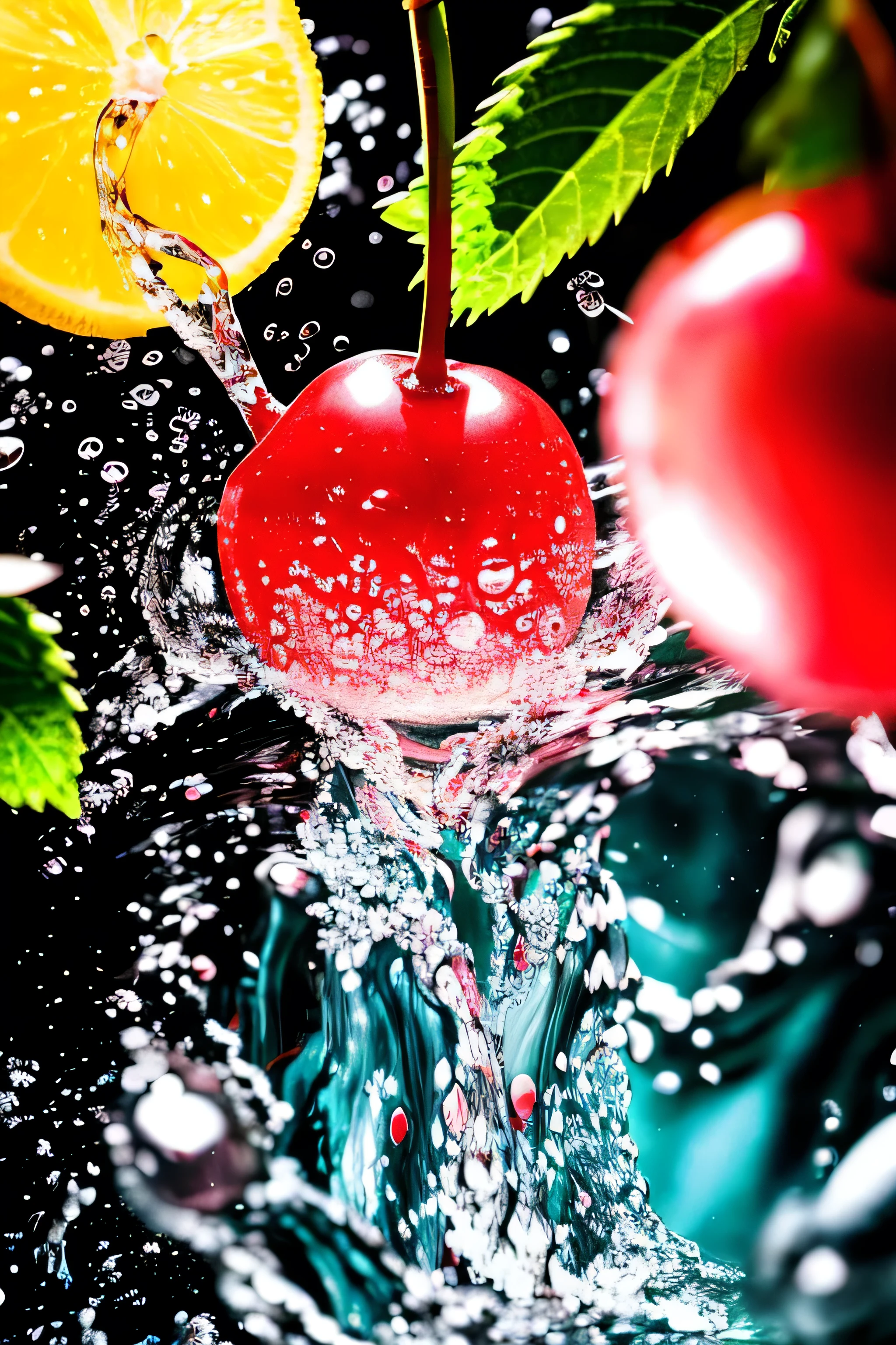 Real photography of 3 cherries falling into water and splashing with water droplets. Commercial advertising style, macro shot, background, warm lighting, cool colors creating splash effect. The cherry is dotted with white light spots, and the cherry falls from above, forming a splashing liquid water ball. HD photography quality.