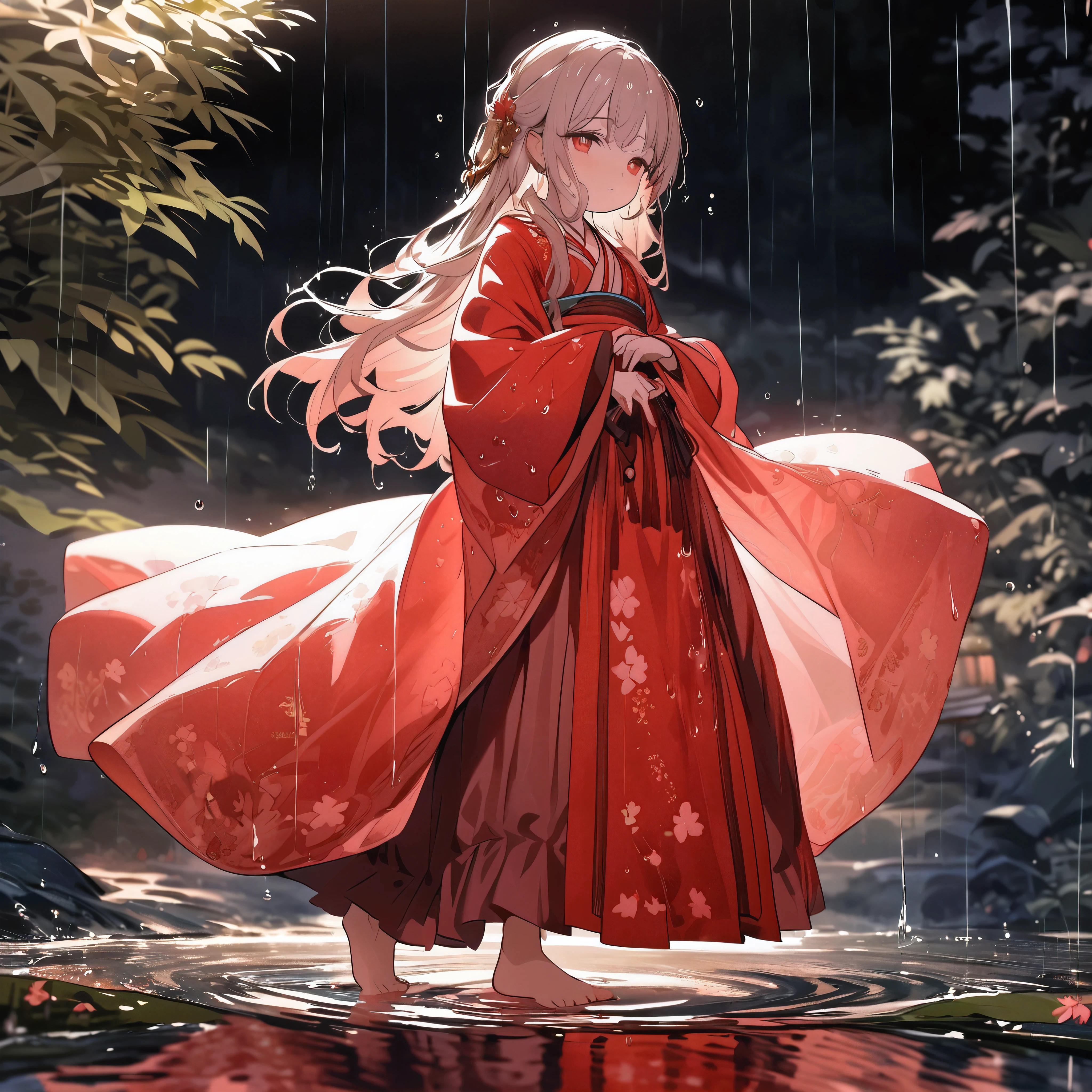(full body), (solo), (A 7-year-old girl:1.2), (very young little girl), loli, (Solo), (small breast), (wide angle), raw photo, Aesthetic, Convoluted, Awarded, chiaroscuro, Best Quality, Detailed background, (Misty atmosphere:1.2), (hard rainy day:1.1),((Girl in red very long hanfu:1.2)), large red silk hanfu, long red hanfu with a silk texture, best wrinkles, real wrinkles, best shadows, (wet, wet body, wet hair, wet skin, very wet red hanfu, reflection on the wet hanfu, delicate cherry blossom embroidery, subtle water droplets:1.15), (water spray:1.1), The rain, relentless and cleansing, drenches the little girl's hanfu, the ancient Chinese attire now heavy with water, its silken fabric clinging to her body, revealing its soaked and transparent state. Each fold and crease of the magnificent red dress, once crisp, now softened and clinging, outlines her form with the dress's golden patterns glistening through the wetness. Her long hair, once neatly coiled, now hangs in wet tresses, framing her face with droplets of rain like a delicate veil. The strands stick to her skin, highlighting her youthful features, her cheeks flushed with the cool touch of the rain. Barefoot, she moves with a dancer's grace, her feet sinking slightly into the soaked earth, each step leaving a momentary imprint that the rain quickly fills. The ground beneath her is a canvas, her dance a brushstroke, painting a picture of motion and reverence. Her dance is a silent symphony, the raindrops her audience, the drumming on the leaves her music. The red hanfu, now translucent with the rain, moves with her, the golden patterns shimmering like a mirage, a testament to the sacredness of the moment. The air is thick with the scent of wet silk and the earthy aroma of the rain-soaked ground. The scene is one of ethereal beauty, the girl's dance a silent prayer, her soaked hanfu a symbol of purity and renewal. In this sacred dance, the little girl becomes one with the rain, her soaked and transparen