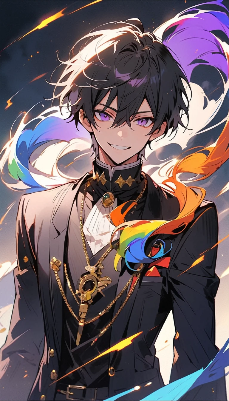 good looking, alone, 1 male, short hair, Smile Facial,1. Boy with black and purple hair, Moderate height, Slim body, Long coat, Black lining,good looking, short hair, Black Hair, Rainbow Hair, Purple eyes, 先端がスモーキーグレーのBlack Hair, smoking, Black light,smile、, Bright, sharp eyes illuminate the scene,uniform,Fewer accessories,whole body,Background white