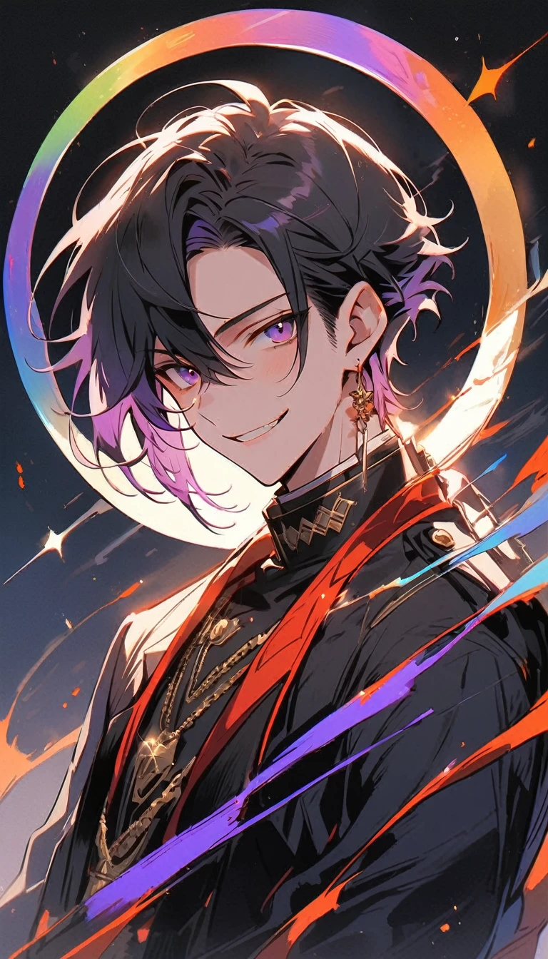 good looking, alone, 1 male, short hair, Smile Facial,1. Boy with black and purple hair, Moderate height, Slim body, Long coat, Black lining,good looking, short hair, Black Hair, Rainbow Hair, Purple eyes, 先端がスモーキーグレーのBlack Hair, smoking, Black light,smile、, Bright, sharp eyes illuminate the scene,uniform,Fewer accessories,whole body,Background white