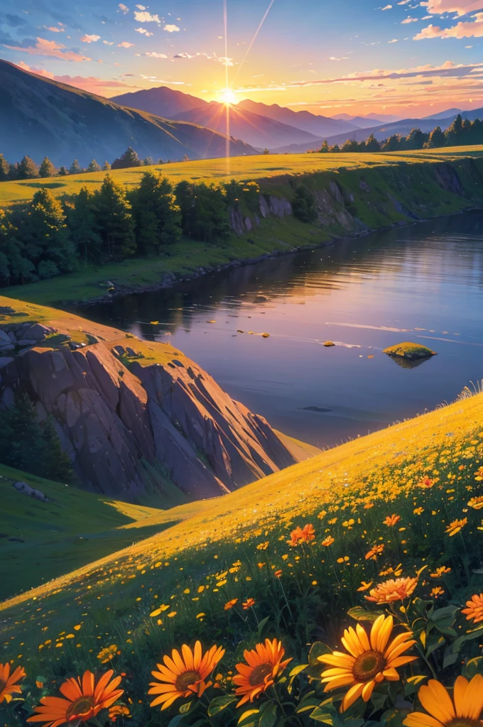 A breathtaking sunrise over a mountain range, with vibrant colors illuminating the sky. The sun is rising over the peaks, casting golden rays across the landscape. The foreground is filled with lush green vegetation and vibrant flowers, with a clear view of the distant mountains covered in trees. The sky is a gradient of warm colors, transitioning from deep orange to bright yellow and soft purple. The entire scene is serene and majestic, capturing the beauty of nature at dawn.