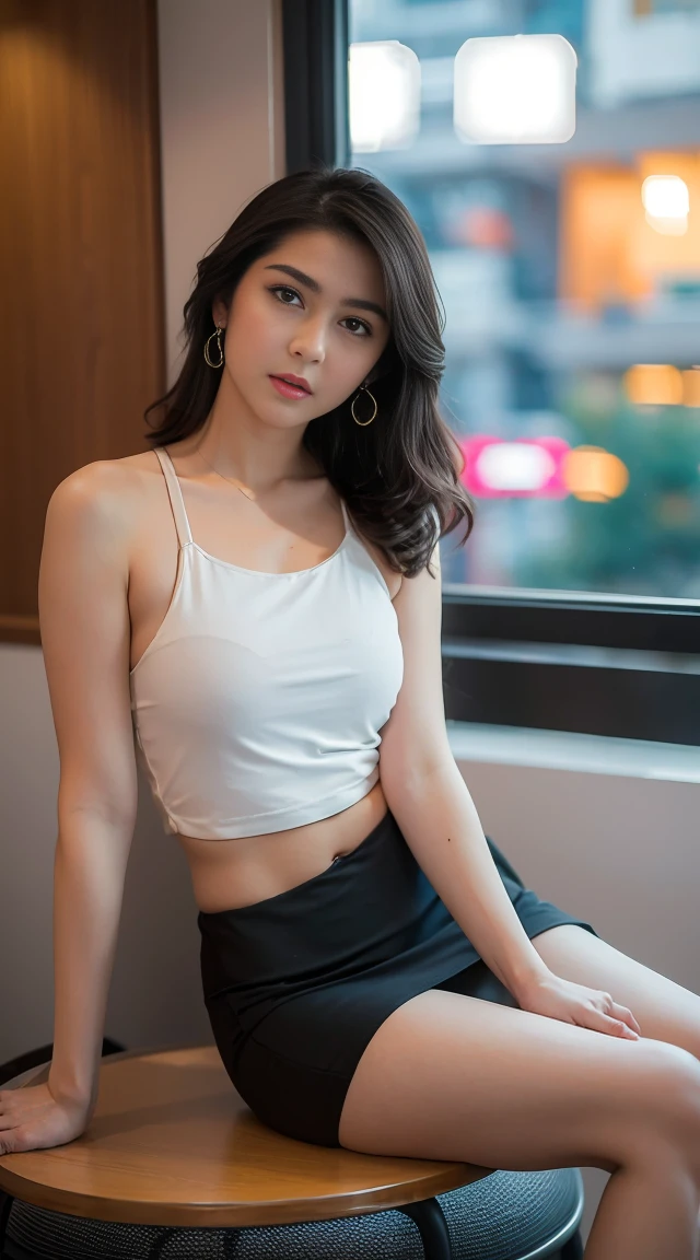 in the office,a young beautiful lady,Wear professional attire,suit,sport tanktop,slit covered skirt。Bigger and wider hips,thin waist,some。Dressed up with jewelry,earrings,watch,High heel,black stockings。Painted with light makeup,beautiful eyeeautiful lips,very beautiful,Very temperamental。sitting at desk,camel toe,Look at the file,with telephone。Background modern city office buildings,Very modern,There a lot of space,Outside the window the night view of the city,Modern Shanghai city night view。8 p.m,City neon lights flashing。Professional lighting effectovie shot,intricate details,The best resolution,masterpiece。