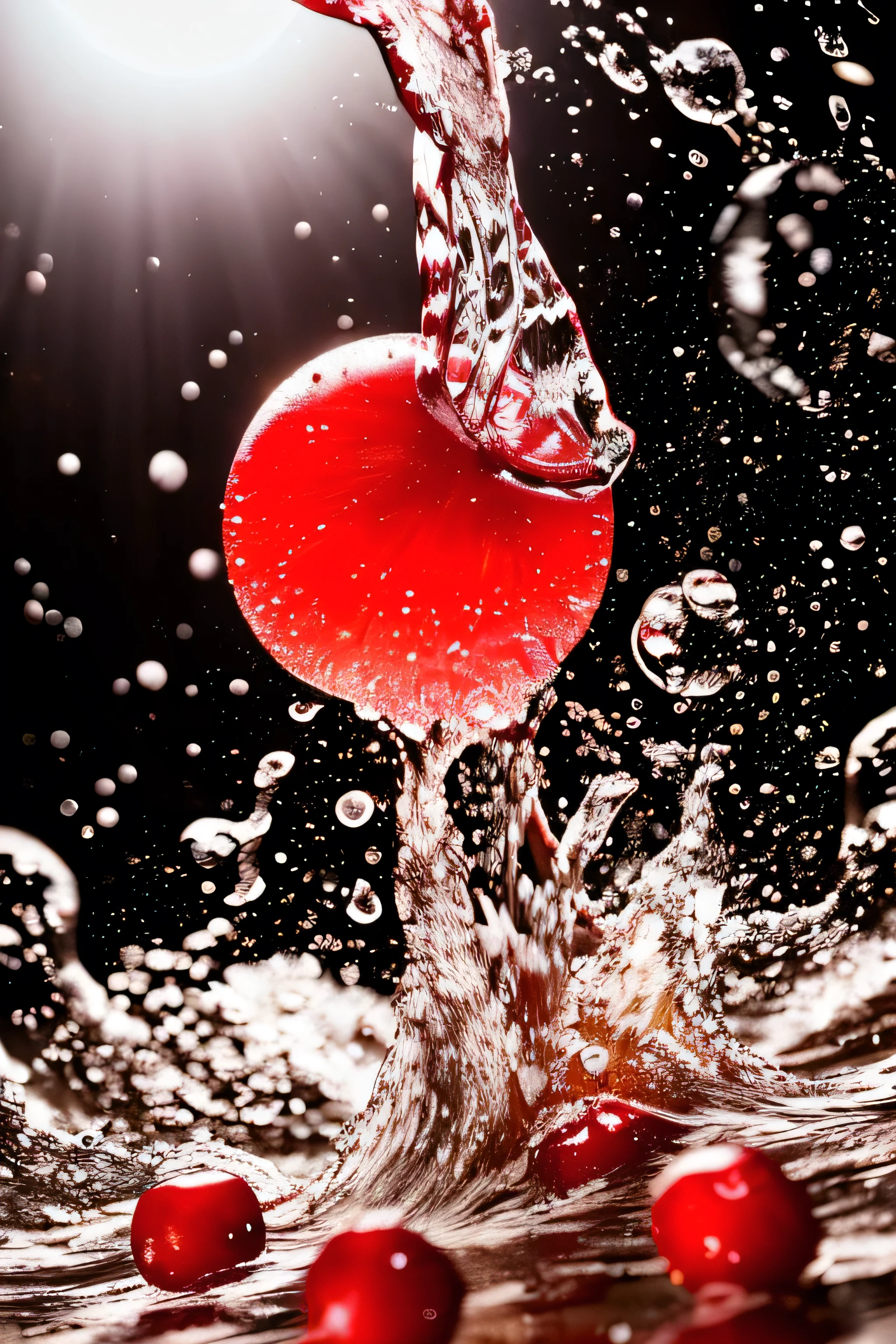 Real photography of 3 cherries falling into water and splashing with water droplets. Commercial advertising style, macro shot, background, warm lighting, cool colors creating splash effect. The cherry is dotted with white light spots, and the cherry falls from above, forming a splashing liquid water ball. HD photography quality.