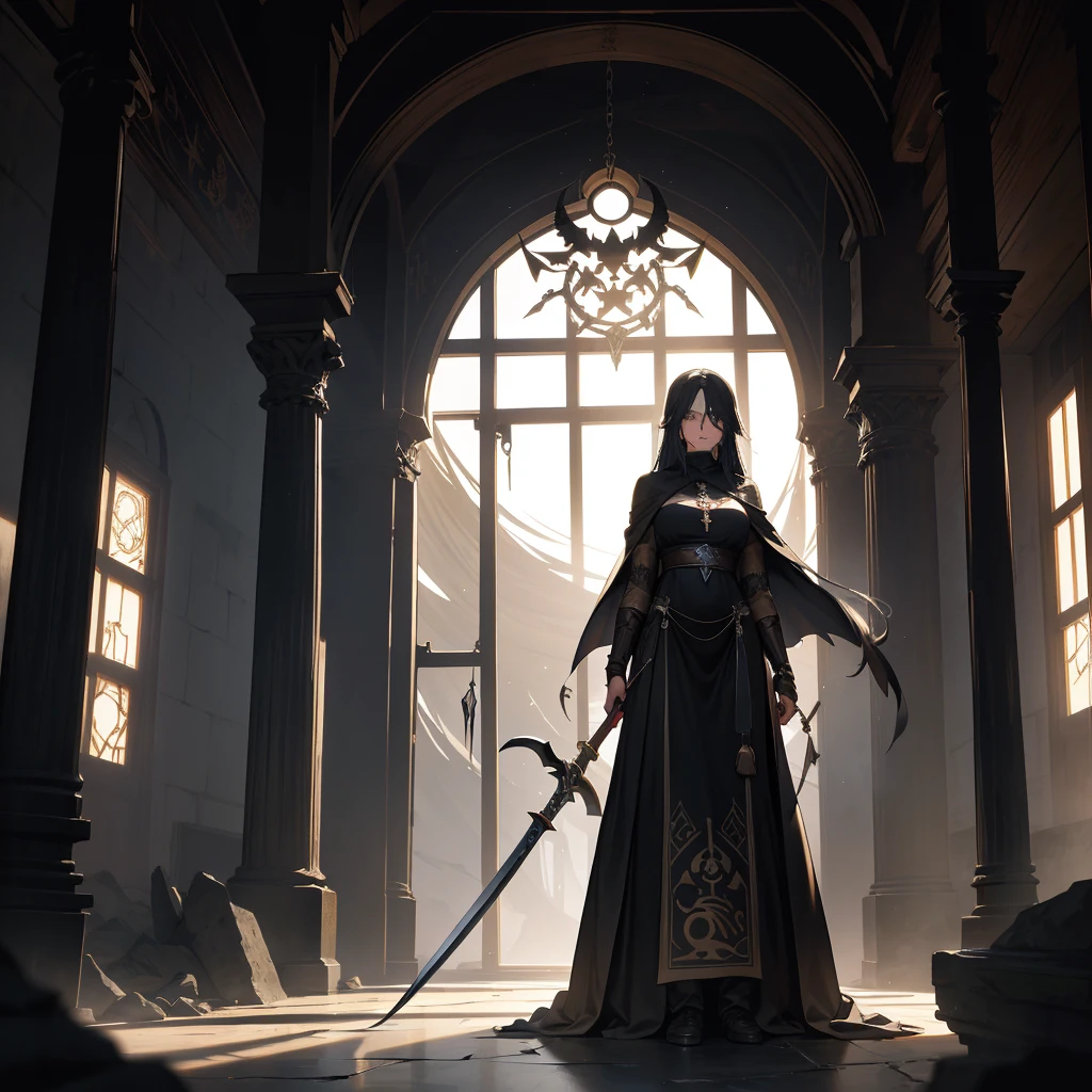 Imagine a medieval fantasy scythe standing upright against a stone pillar in the center of an empty, ancient chamber. The scythe's handle is made from aged, dark wood, intricately carved with symbols and runes that seem to faintly shimmer with arcane energy. Its blade, crafted from a gleaming, enchanted metal, curves gracefully with razor-sharp edges that catch the dim light filtering through dusty windows. Cobwebs cling to the corners of the room, where ancient tapestries hang depicting mythical battles and legendary heroes. The air is heavy with the scent of old parchment and the faint echoes of distant whispers, lending an atmosphere of mystery and solemnity to the scene. In this quiet chamber, the scythe stands as a symbol of both harvest and retribution, awaiting the hand of a destined wielder in the medieval fantasy world."