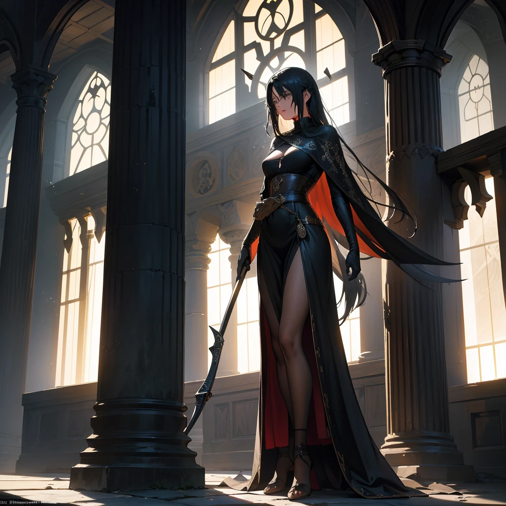 Imagine a medieval fantasy scythe standing upright against a stone pillar in the center of an empty, ancient chamber. The scythe's handle is made from aged, dark wood, intricately carved with symbols and runes that seem to faintly shimmer with arcane energy. Its blade, crafted from a gleaming, enchanted metal, curves gracefully with razor-sharp edges that catch the dim light filtering through dusty windows. Cobwebs cling to the corners of the room, where ancient tapestries hang depicting mythical battles and legendary heroes. The air is heavy with the scent of old parchment and the faint echoes of distant whispers, lending an atmosphere of mystery and solemnity to the scene. In this quiet chamber, the scythe stands as a symbol of both harvest and retribution, awaiting the hand of a destined wielder in the medieval fantasy world."