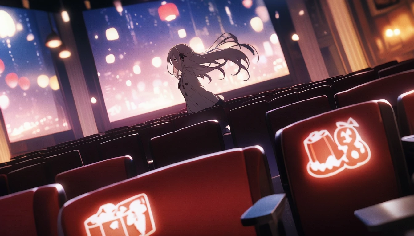 movie theatreでポップコーンを食べている、I'm surprised at the movie、Double teeth、Big Eyeovie viewing、movie theatre、Dynamic Angleovie theatreで1人で映画、Exposed armpits and chest、(masterpiece, best quality:1.2), 1girl, 独奏,Wolf girl, fox mask, ninja, girl, long white hair, odd eyes, blue kimono, ninja girl, red and blue scarf, light coming in, fantastic atmosphere.night、Shadows of light and darkness、Eyes glowing in the dark、Black fox mask