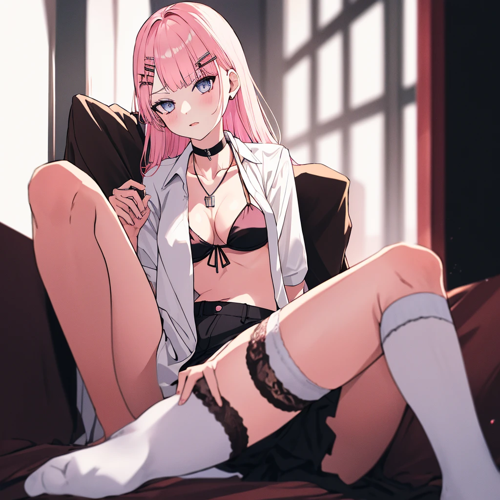 absurdres, best quality, androgynous, solo, looking at viewer, TachibanaHinano, bikini, (short hair:0.75), medium breasts, (split-color hair), blue eyes, hairclip, (messy hair:1), choker, (earrings:0.1), necklace, (sidelocks)
BREAK
pink hair, (swept bangs:0.25), sidelocks
BREAK
brown hair, (blunt bangs:1), (sidelocks:1.25), soft lighting, knee socks, spread legs.