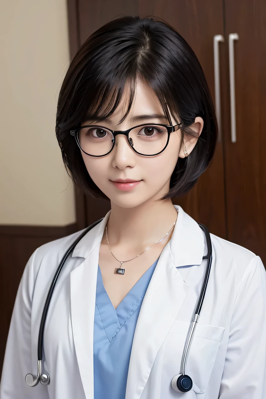Beautiful young woman、 Japanese women、Black Hair、Necklace around the neck、White、Doctor's attire、Stethoscope、Glasses、Wavy Hair、short hair、Intricate details, Very detailed:1.2), 、 Looking into the camera,The background is the examination room...、ear piercing