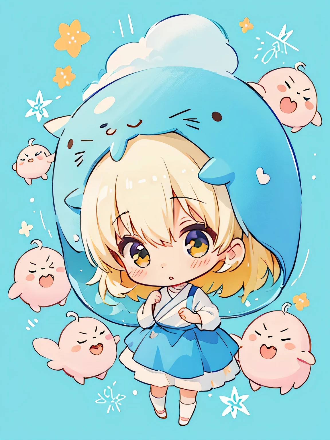 Hayao Miyazaki style、Kawaii Design, The most beautiful girl of all time、chibi, Cute and colorful amoeba, トイレに走る