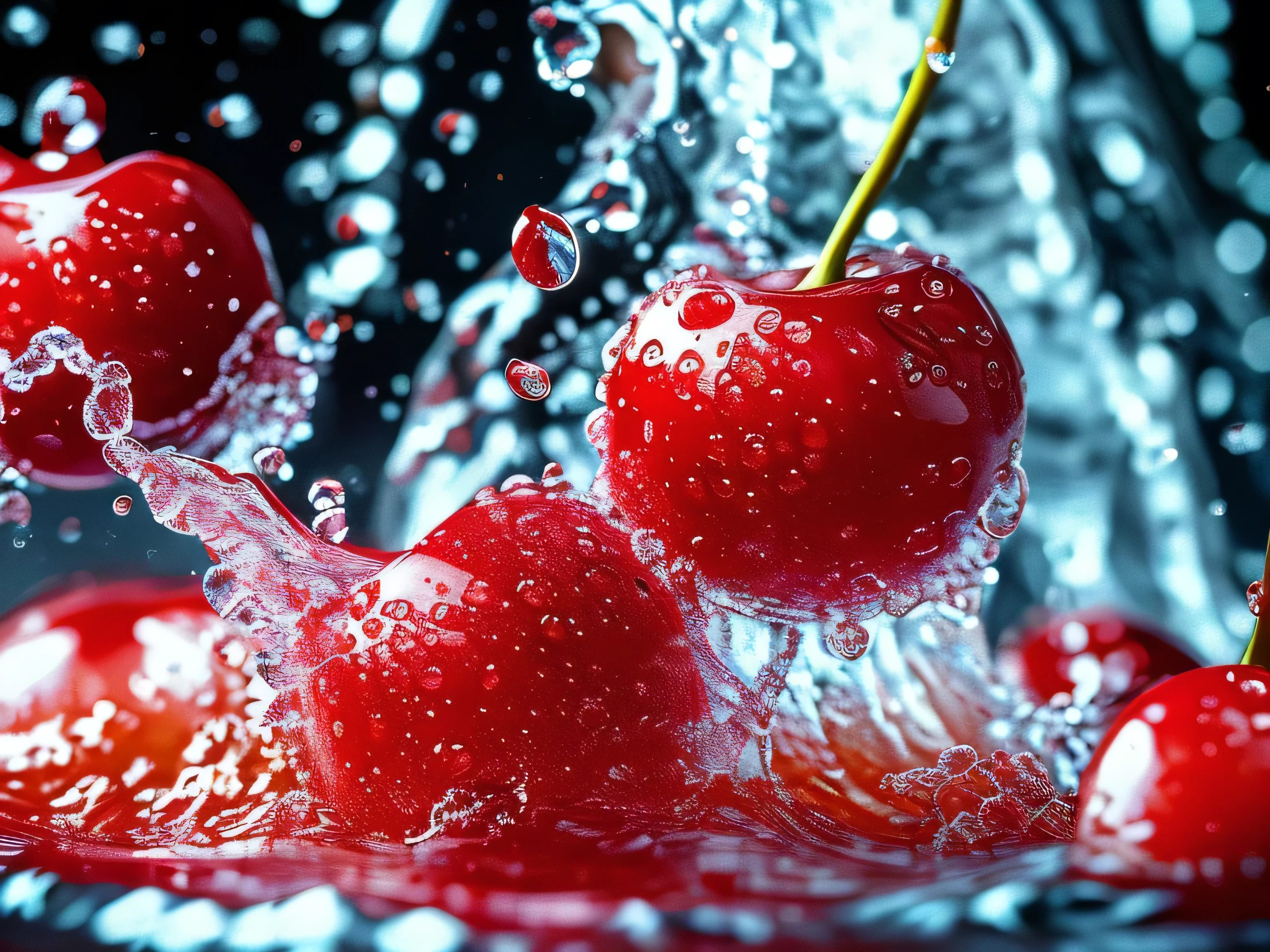 Real photography of 3 cherries falling into water and splashing with water droplets. Commercial advertising style, macro shot, background, warm lighting, cool colors creating splash effect. The cherry is dotted with white light spots, and the cherry falls from above, forming a splashing liquid water ball. HD photography quality.