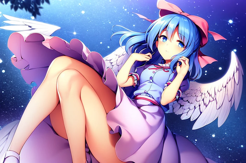 masterpiece, best quality, 1girl, , , , medium blue hair, hair flaps, pink ribbon on head, well-formed face, blue eyes, angel girl, white blouse, puffy short sleeves, red ribbon, angel wings, long white skirt, red shoes, frills, hair ribbon