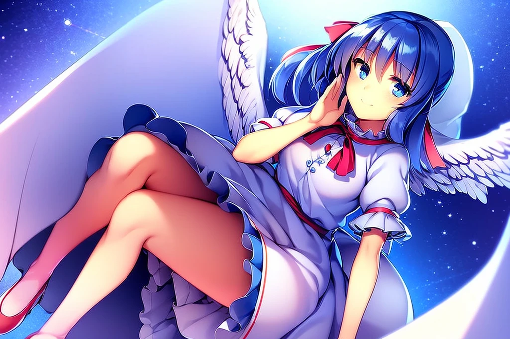 masterpiece, best quality, 1girl, , , , medium blue hair, hair flaps, pink ribbon on head, well-formed face, blue eyes, angel girl, white blouse, puffy short sleeves, red ribbon, angel wings, long white skirt, red shoes, frills, hair ribbon