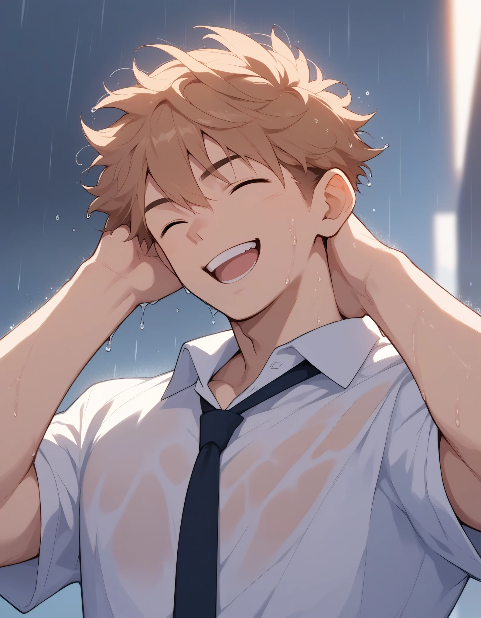 score_9, score_8_up, score_7_up, score_6_up, score_5_up, score_4_up,1boy,solo,male only,,white open collared shirt,tie,black slacks,heavy rain,(soaked),Wet Face,laugh,(Flipping hair back:1,2),cowboy shot