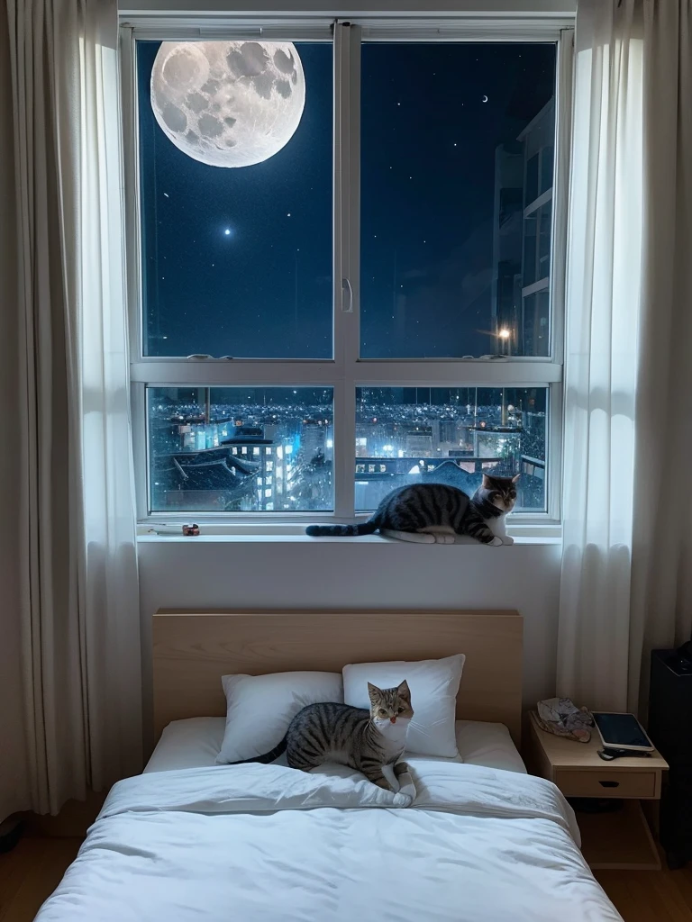 Cat、Draw a little bigger、night、room、On the bed、The moon seen from the window
