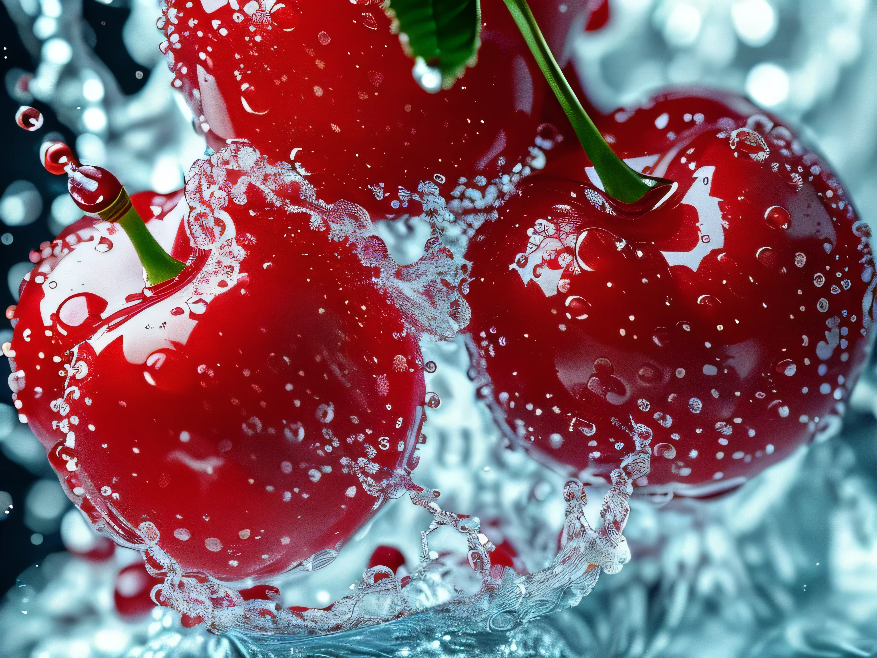 Real photography of 3 cherries falling into water and splashing with water droplets. Commercial advertising style, macro shot, background, warm lighting, cool colors creating splash effect. The cherry is dotted with white light spots, and the cherry falls from above, forming a splashing liquid water ball. HD photography quality.