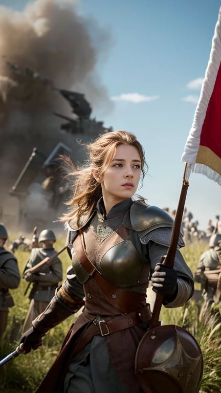 Create a high-resolution image depicting Joan of Arc at 17 years old, leading the French army,She stands confidently in shining armor, holding a flag with the fleur-de-lis symbol,The background shows a medieval battlefield with French soldiers rallying behind her,Capture the intense expression of courage and determination on her face, with a dynamic pose that emphasizes her leadership,