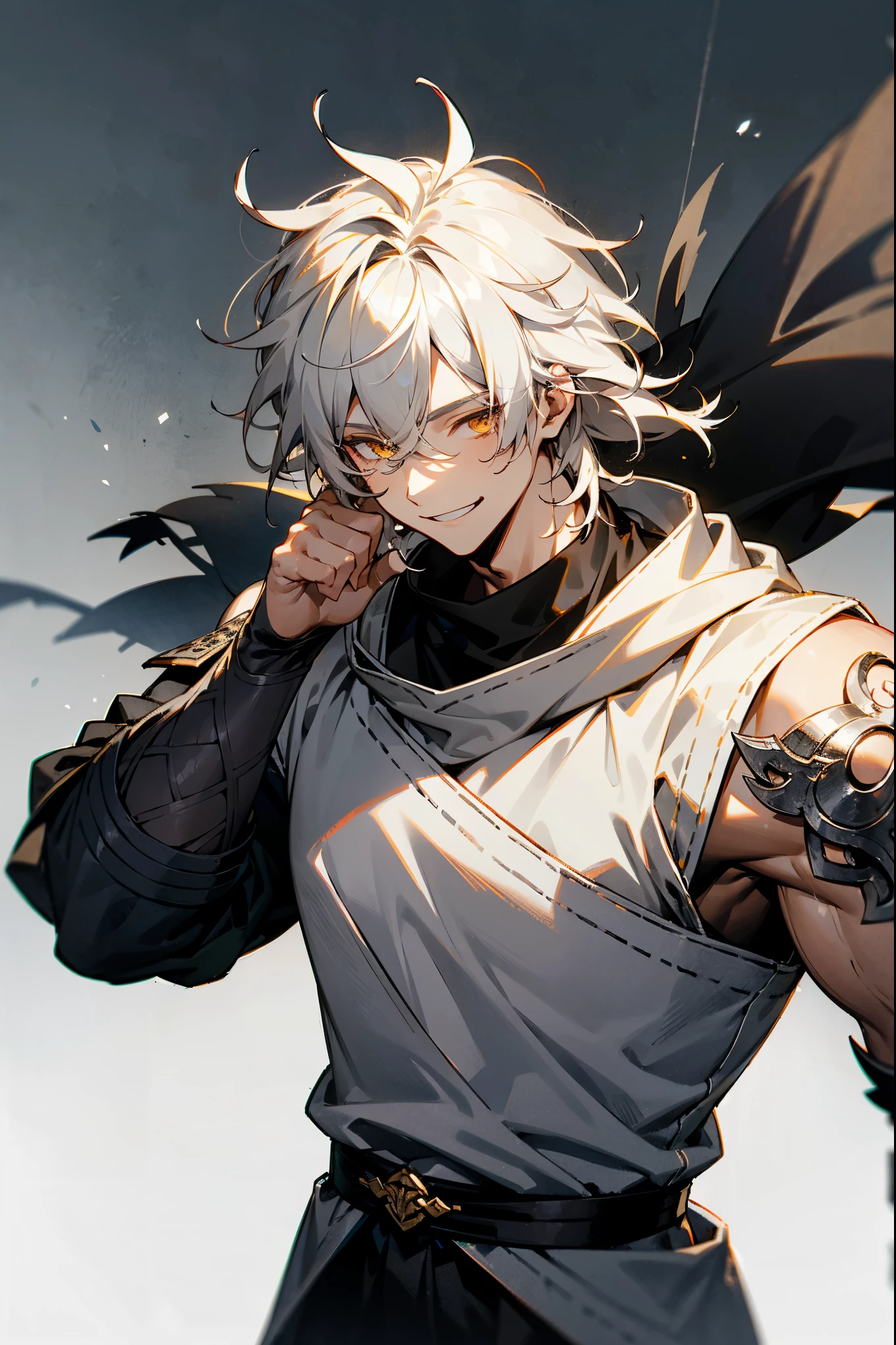 1male , Greyish White Hair , Golden Eyes , Smiling Expression , Messy Hair , Muscular , Black Viking Clothing , Combat Clothing , Perfect Generation , Young Male , Snowy Tundra Background 