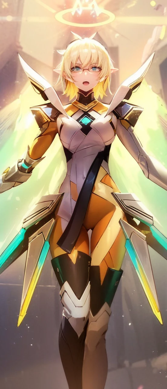 1 girl, alone, Zenia, (masterpiece: 1.3), (detailed), (best quality), detailed face and eyes, blue eyes, (solo), skin, pointed ears, yellow glasses, horns, short hair, blue hair , big breasts, medium waist, wide hips, medium thighs, round butt, standing, room, bedroom, from behind, looking at viewer, pov (from below), (hand on ass: 1.2), (huge ass: 1.2 ), dark blue latex suit, tight suit, cleavage, bare shoulders, bare legs, blushing, embarrassed, perfect hands, perfect anatomy