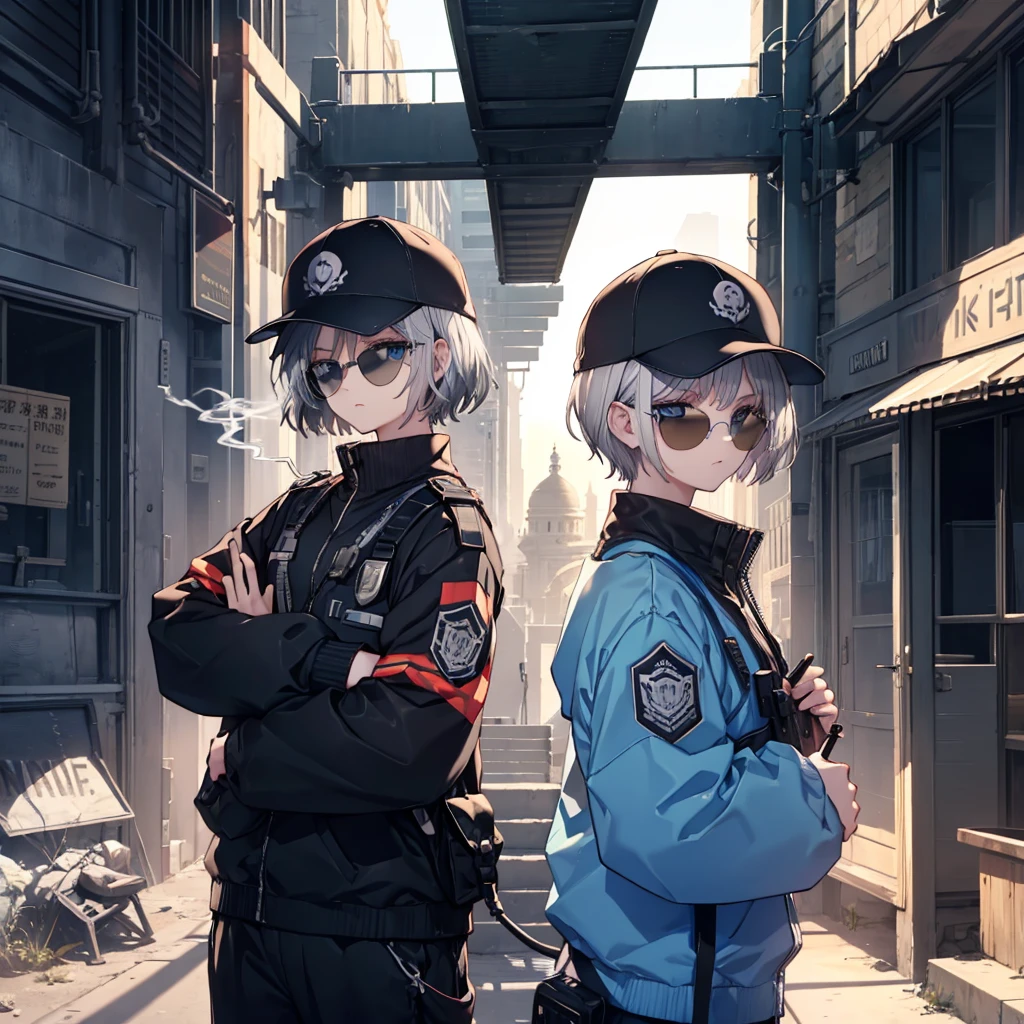 (((Smoke a cigarette　Wear sunglasses　Security Officer　Wear a hat　1 person)))　(((Gray Hair　Short Hair　blue eyes　girl)))，((noon　wilderness　In the middle of the desert))，(Shining Sun　Rolling Skull)，　Shining Background　Shining Edge