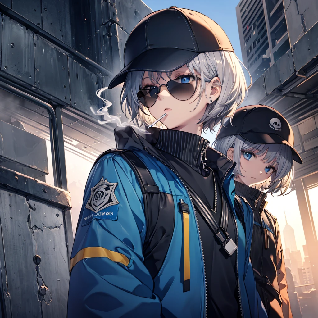 (((Smoke a cigarette　Wear sunglasses　Security Officer　Wear a hat　1 person)))　(((Gray Hair　Short Hair　blue eyes　girl)))，((noon　wilderness　In the middle of the desert))，(Shining Sun　Rolling Skull)，　Shining Background　Shining Edge