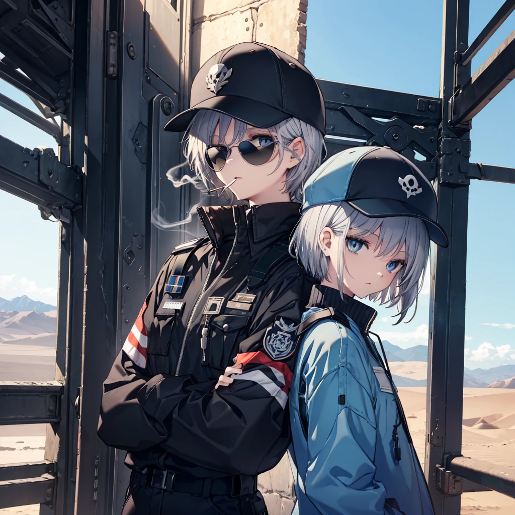 (((Smoke a cigarette　Wear sunglasses　Security Officer　Wear a hat　1 person)))　(((Gray Hair　Short Hair　blue eyes　girl)))，((noon　wilderness　In the middle of the desert))，(Shining Sun　Rolling Skull)，　Shining Background　Shining Edge