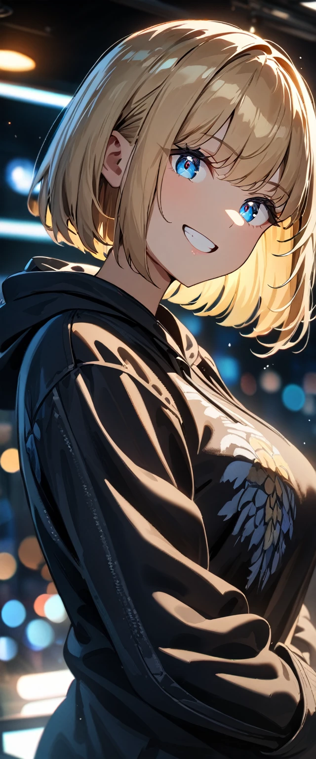 (((One girl))), blond hair, bob cut, (upper body), (looking at viewer), big breasts, head tilt, (((blue eye))), (from side), hand in pocket, ((grin)), black hoodie, anime style, (best quality, 4k, 8k, highres, masterpiece:1.2, ultra-detailed, ultra-detailed eyes, HDR, UHD, studio lighting, ultra-fine painting, sharp focus, physically-based rendering, extreme detail description, professional, vivid colors, bokeh)