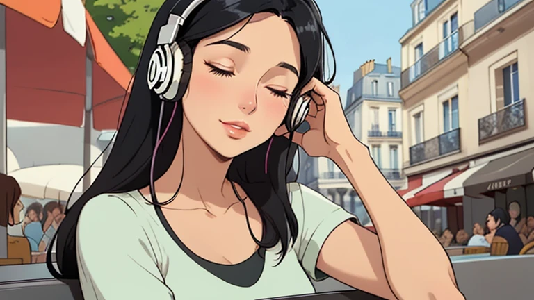 Beautiful woman in her 30s with black hair is sitting with headphones on the cafe terrace. Looking down, eyes closed, LOFI girl, relaxing mood, cozy, only five fingers, Paris city, colorful, Well-proportioned face, female Beautiful fingers,