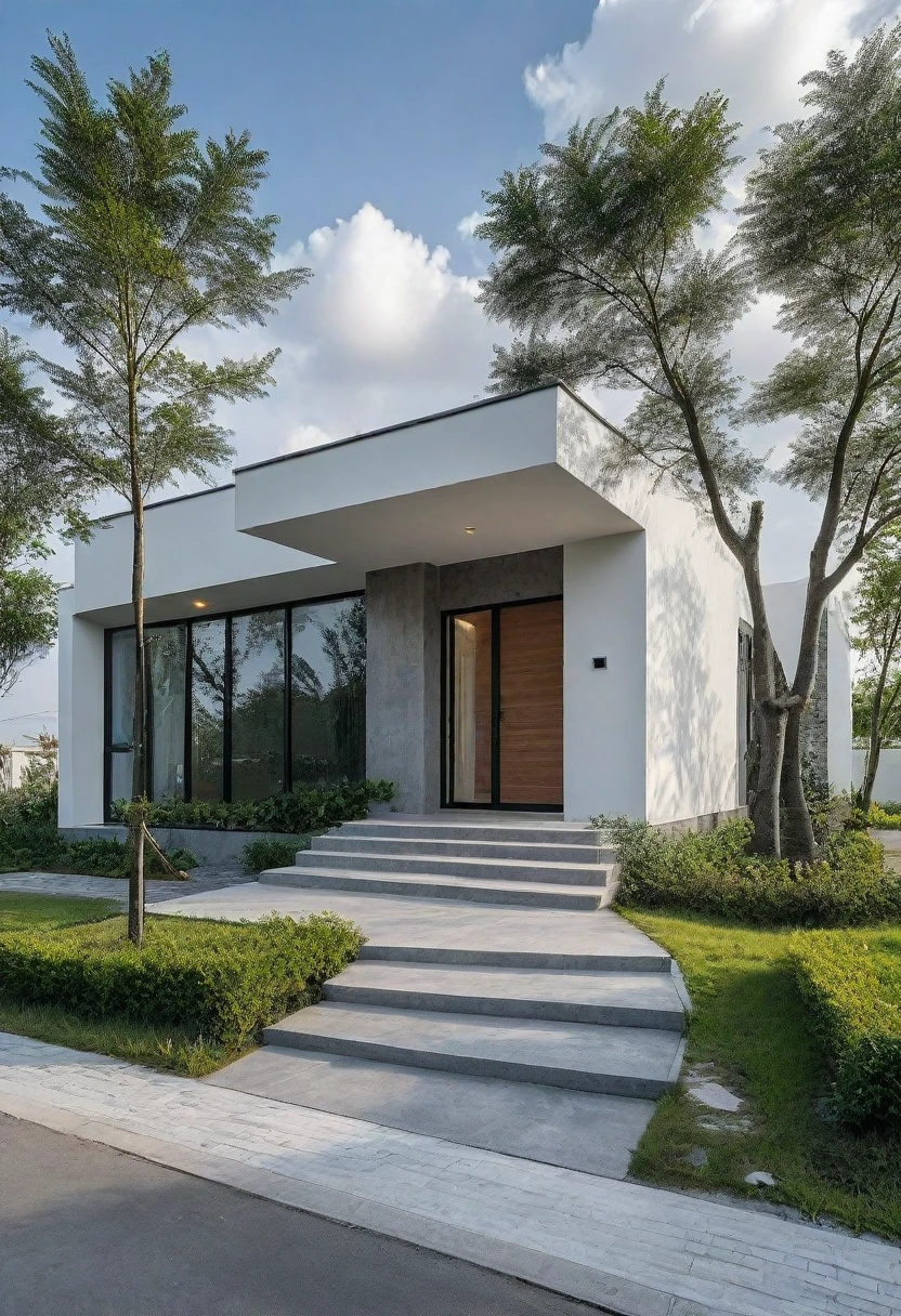 Raw photo,Masterpiece, high quality, best quality, authentic, super detail,
outdoors, onestoreyvillaXL, aiaigroup, house style modern on the street ,stairs, white wall
road,pavement, grass, trees, sky, cloud, (daylight:1.1)