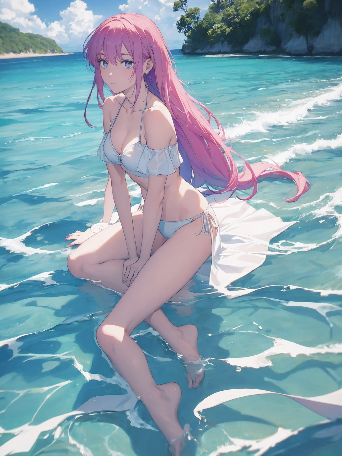 White off-the-shoulder bikini on the beach in Palau(Bikini without shoulder straps、No shoulder strap、Show your shoulders)Surreal Japanese Portraits,Works that influenced Antonio Lopez'technology, Close zipper, Ron Mueck, Richard Estes, Marilyn Minter、Purple and blue gradation eyes enveloped in the mystery of the universe,(String Bikini:1.2)、Perfect lighting, (Perfect hands, Perfect Anatomy)、whole body(1:2)、that'that'the wind is strong、Excellent style,Complete body balance、Dynamic Acid Pose(1:2)、(16:Specializing in aspect ratio 9),sunglasses、Stiletto heels
