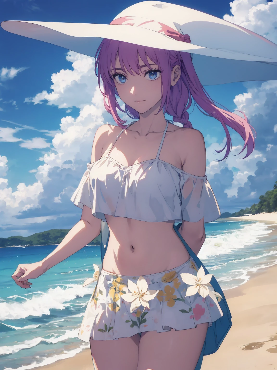 White off-the-shoulder bikini on the beach in Palau(Bikini without shoulder straps、No shoulder strap、show your shoulders)surreal japanese portrait,Works that influenced Antonio Lopez'technology, close the zipper, Ron Mueck, Richard Estes, and Marilyn Minter、Purple and blue gradation eyes wrapped in the mystery of the universe,(string bikini:1.2)、perfect lighting, (perfect hands, perfect anatomy)、whole body(1:2)、that'that'the wind is strong、outstanding style,Complete body balance、dynamic acid pose(1:2)、(16:Existence specialized in aspect ratio 9),sunglasses