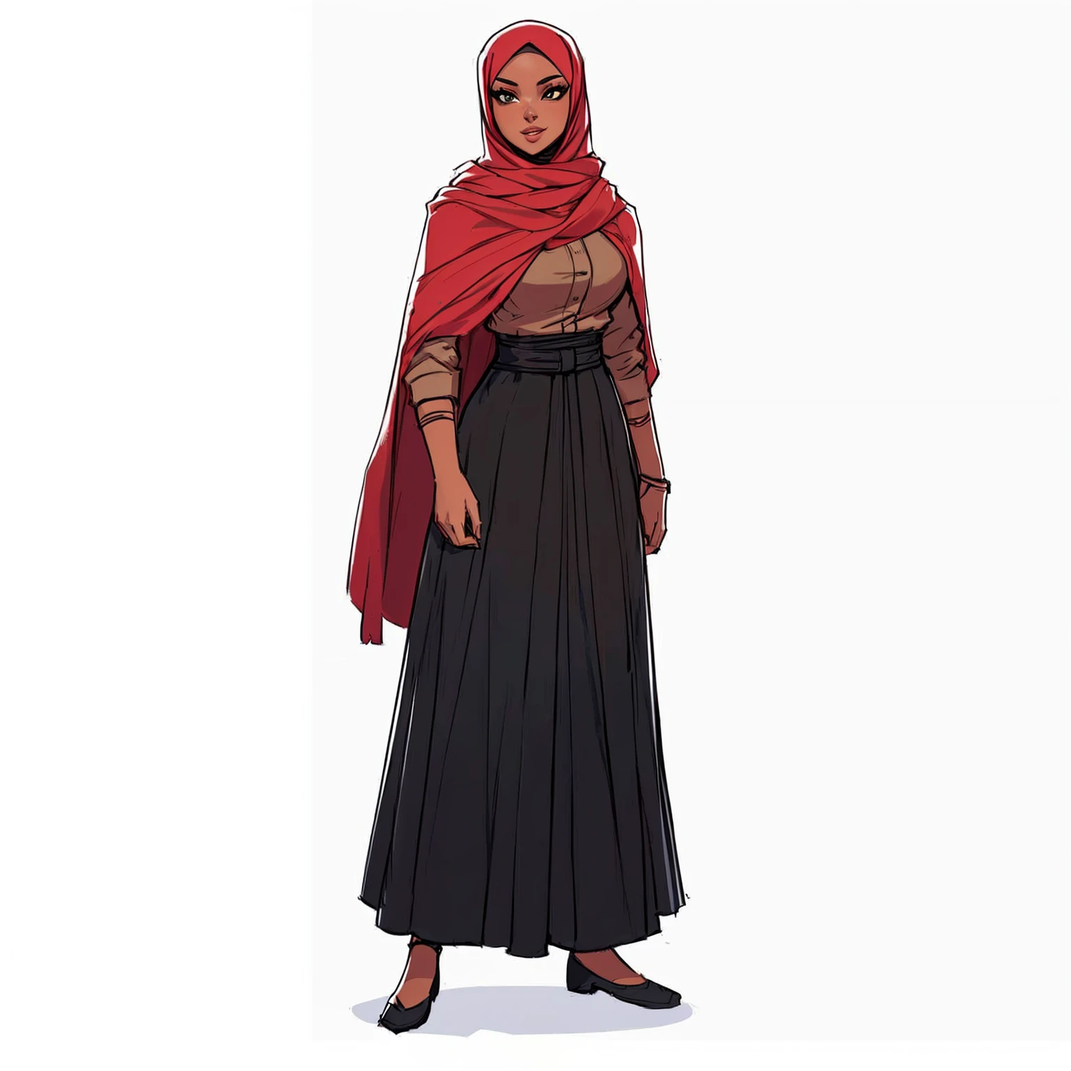 cartoon of a woman in a hijab and a red scarf, full body character concept art, full body character concept, character full body portrait, full body character portrait, full body character design, official character art, single character concept art, official character illustration, full-body character portrait, female lead character, female character, ( ( character concept art ) )