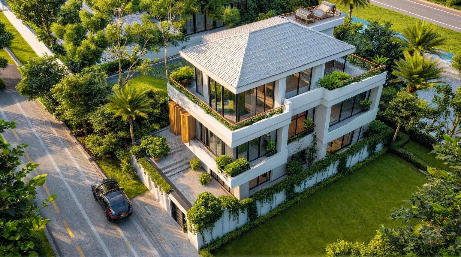 Masterpiece, high quality, best quality, authentic, super detail, outdoors, onestoreyvillaXL, aiaigroup, house style modern on the street ,stairs, white wall ,road,pavement, grass, trees, sky, cloud, (daylight:1.1)