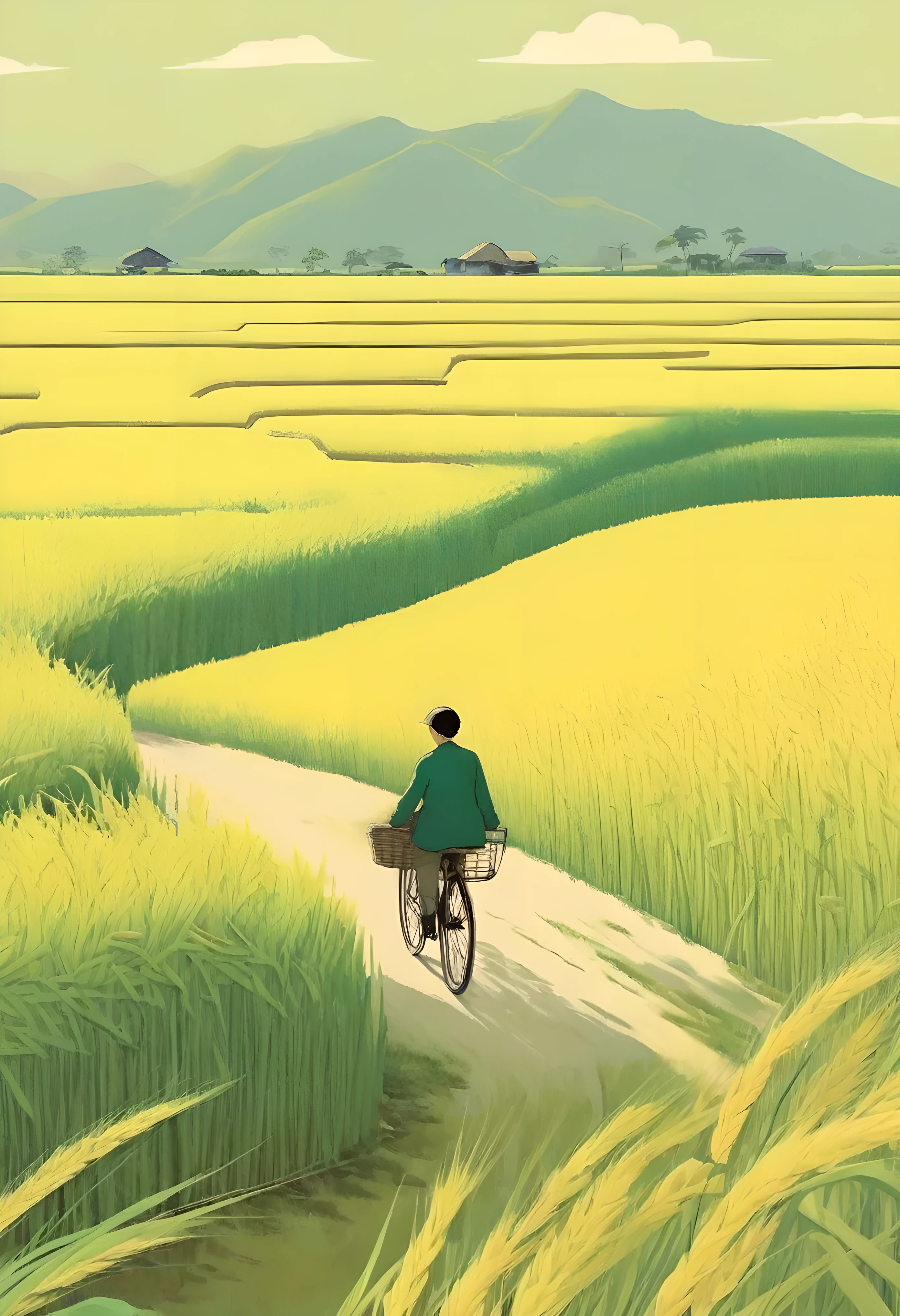A beautiful illustration, Endless rice fields, half yellow half green, a boy riding a bicycle, Will Barnett (Will Barnet) modeling, Attached are 50D movie stills, Idyllic, Rural, panoramic,