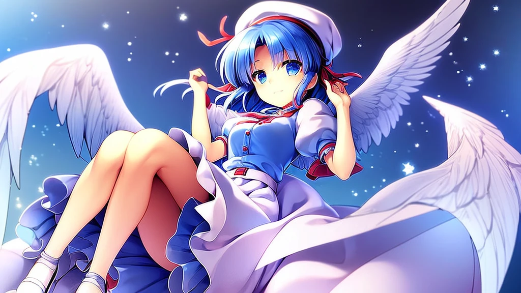 masterpiece, best quality, 1girl, , , 10 years old, medium blue hair, hair flaps, pink ribbon on head, well-formed face, blue eyes, angel girl, white blouse, puffy short sleeves, red ribbon, angel wings, long white skirt, red shoes, frills, hair ribbon