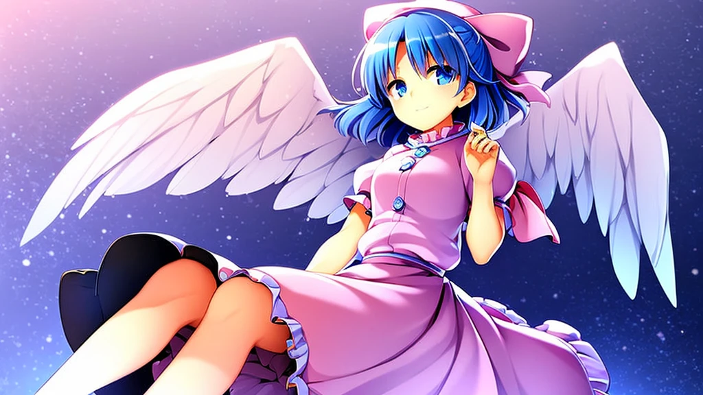 masterpiece, best quality, 1girl, , , , medium blue hair, hair flaps, pink ribbon on head, well-formed face, blue eyes, angel girl, white blouse, puffy short sleeves, red ribbon, angel wings, long white skirt, red shoes, frills, hair ribbon