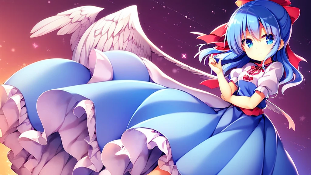 masterpiece, best quality, 1girl, , , , medium blue hair, hair flaps, pink ribbon on head, well-formed face, blue eyes, angel girl, white blouse, puffy short sleeves, red ribbon, angel wings, long white skirt, red shoes, frills, hair ribbon