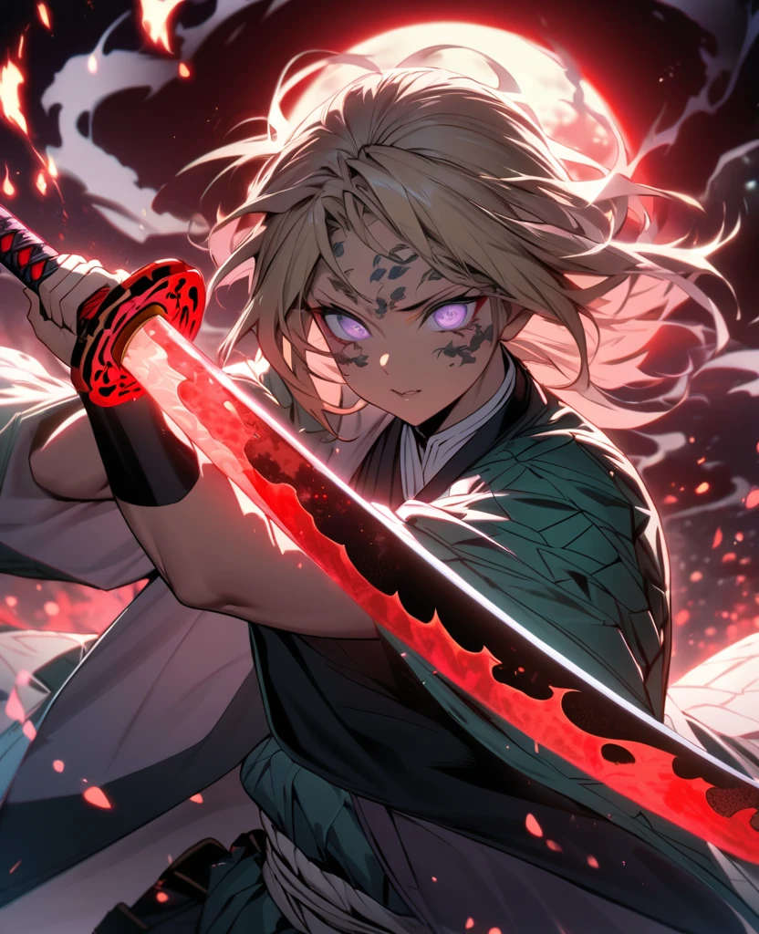 Ultra detailed, highres, absurdres, HDR, master piece,kokushibu, blond hair, 6 eyes, violet haori with patters of black, , Kimetsu No Yaiba, fantasy, half moon flamesfrom sword, man grabbing a sword, solo, magic, shining red fireflies, red moon, best quality, extremely detailed face and eyes, fire, grabbing a sword ((((kokushibu from demon slayer))))