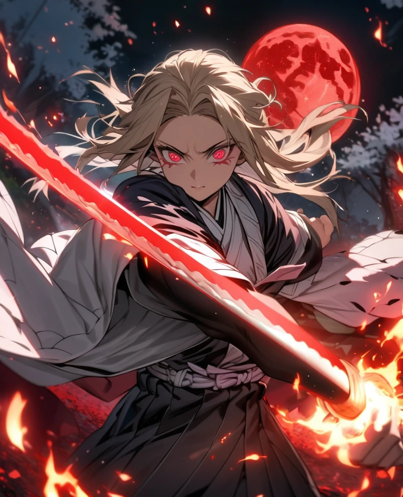 Ultra detailed, highres, absurdres, HDR, master piece,kokushibu, blond hair, 6 eyes, violet haori with patters of black, , Kimetsu No Yaiba, fantasy, half moon flamesfrom sword, man grabbing a sword, solo, magic, shining red fireflies, red moon, best quality, extremely detailed face and eyes, fire, grabbing a sword ((((kokushibu from demon slayer))))