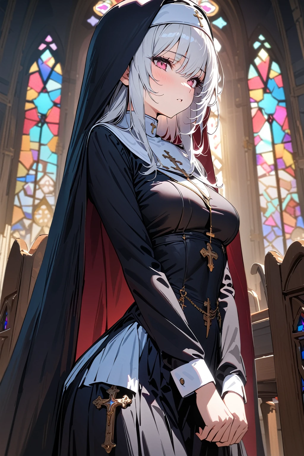 (masterpiece, best quality:1.5), (ultra detailed, high resolution, 8k, beautiful detailed, UHD, best anatomy), 1 cute girl, white hair, medium breasts, nun's habit, church, stained glass, Intense gaze, cross, Blurry background