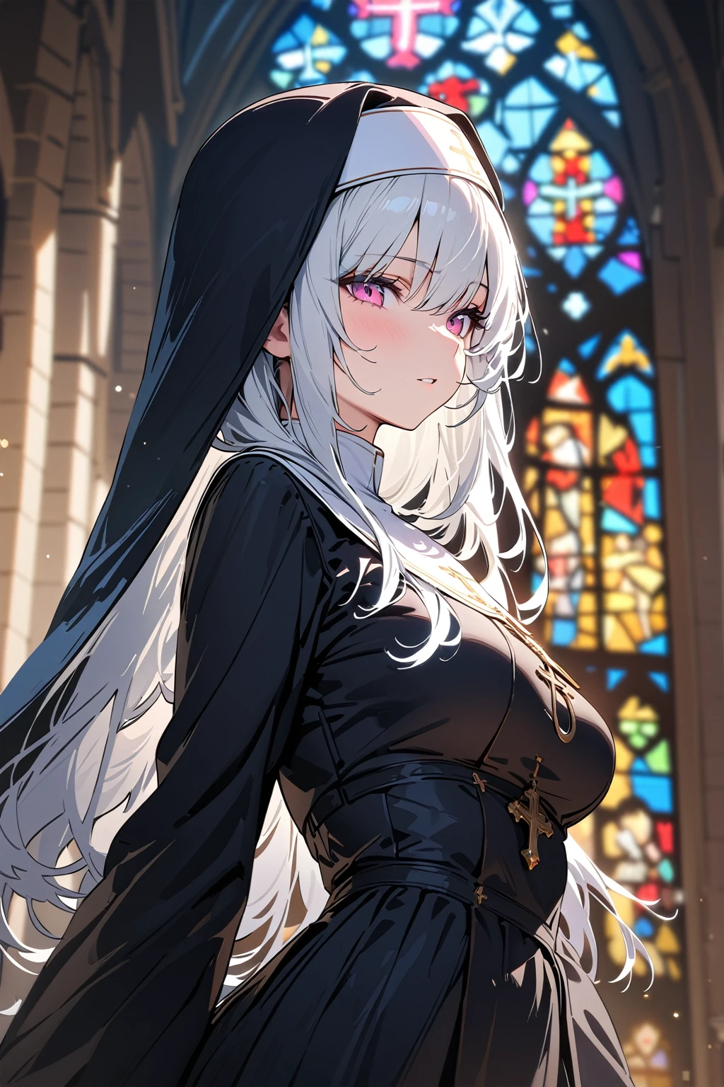 (masterpiece, best quality:1.5), (ultra detailed, high resolution, 8k, beautiful detailed, UHD, best anatomy), 1 cute girl, white hair, medium breasts, nun's habit, church, stained glass, Intense gaze, cross, Blurry background