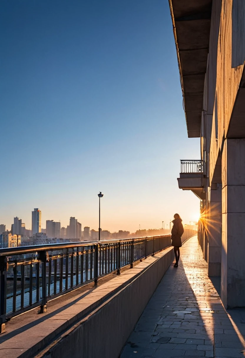 Watching the sunrise leaning against the bridge parapet, clear sky, early morning city street,