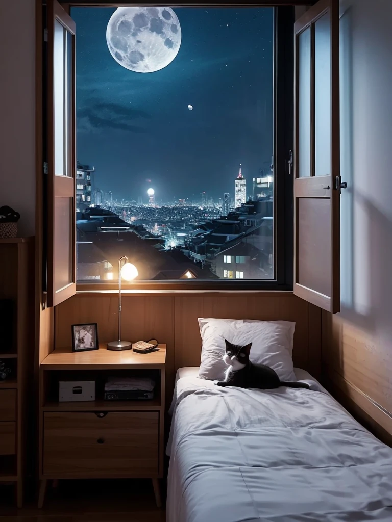Cat、Draw a little bigger、night、room、On the bed、Small window、The moon seen from the window