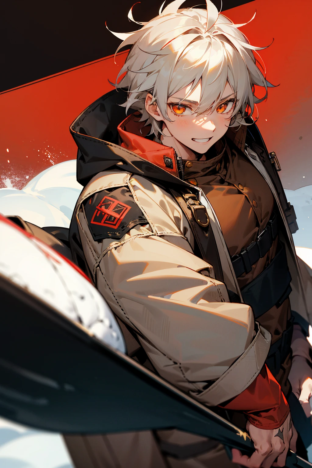 1male , Greyish White Hair , Golden Eyes , Smiling Expression , Messy Hair , Muscular , Baggy brown Bomber jacket with a red and black X patch on the shoulder , Perfect Generation , Young Male , Snowy Tundra Background , 